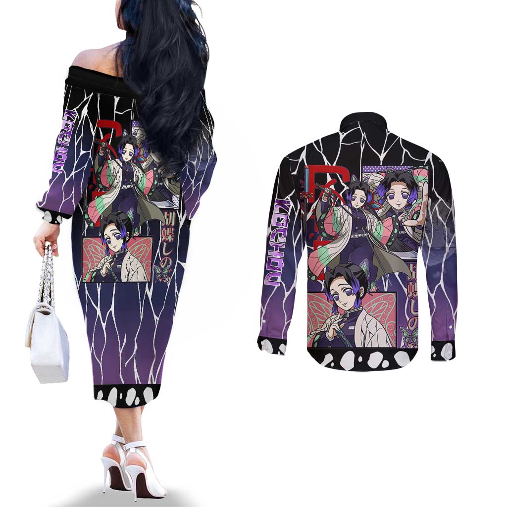 Shinobu Kocho Demon Slayer Couples Matching Off The Shoulder Long Sleeve Dress and Long Sleeve Button Shirt with Purple and Black Web Style Design - The Mazicc