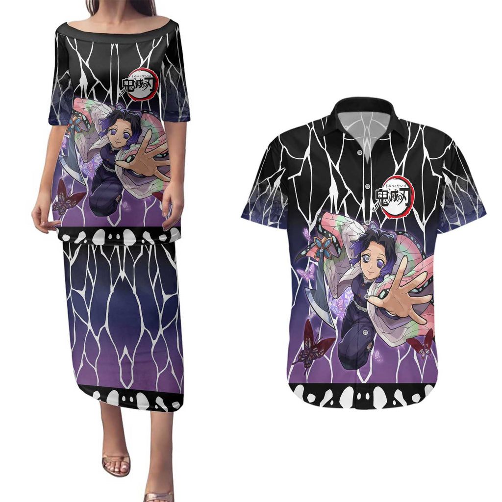 Shinobu Kocho Demon Slayer Couples Matching Puletasi and Hawaiian Shirt with Purple and Black Web Style Design - The Mazicc