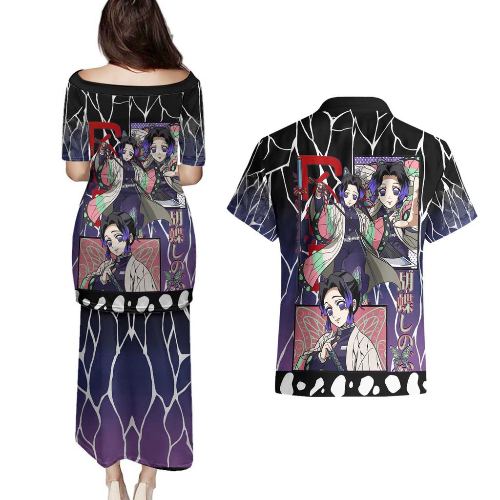 Shinobu Kocho Demon Slayer Couples Matching Puletasi and Hawaiian Shirt with Purple and Black Web Style Design - The Mazicc