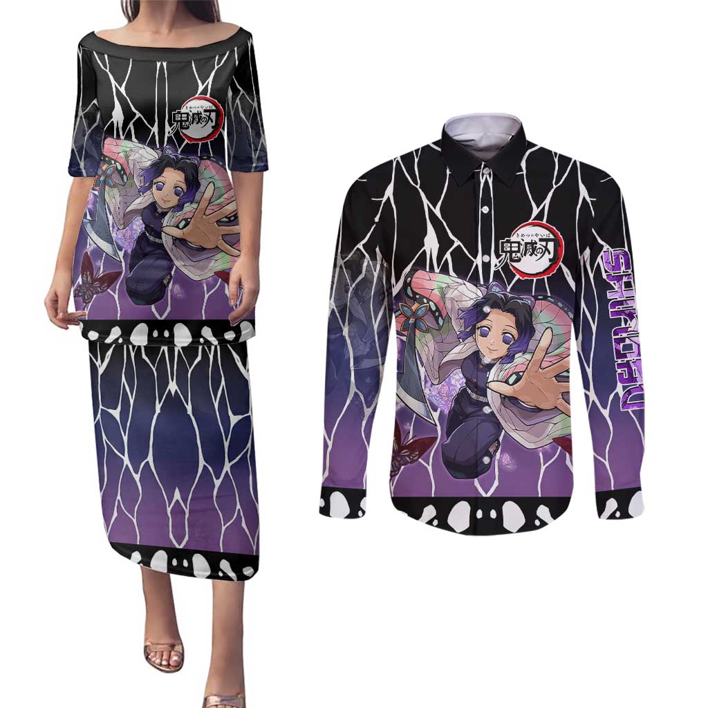 Shinobu Kocho Demon Slayer Couples Matching Puletasi and Long Sleeve Button Shirt with Purple and Black Web Style Design - The Mazicc