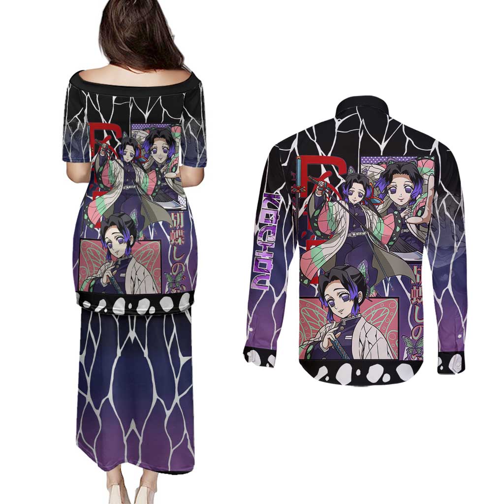 Shinobu Kocho Demon Slayer Couples Matching Puletasi and Long Sleeve Button Shirt with Purple and Black Web Style Design - The Mazicc