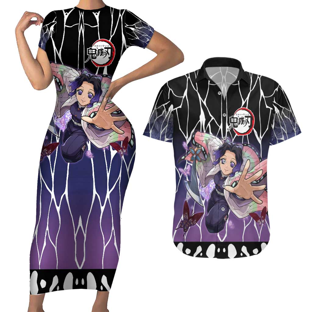 Shinobu Kocho Demon Slayer Couples Matching Short Sleeve Bodycon Dress and Hawaiian Shirt with Purple and Black Web Style Design - The Mazicc