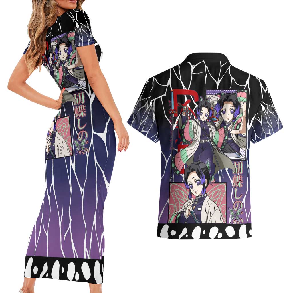 Shinobu Kocho Demon Slayer Couples Matching Short Sleeve Bodycon Dress and Hawaiian Shirt with Purple and Black Web Style Design - The Mazicc