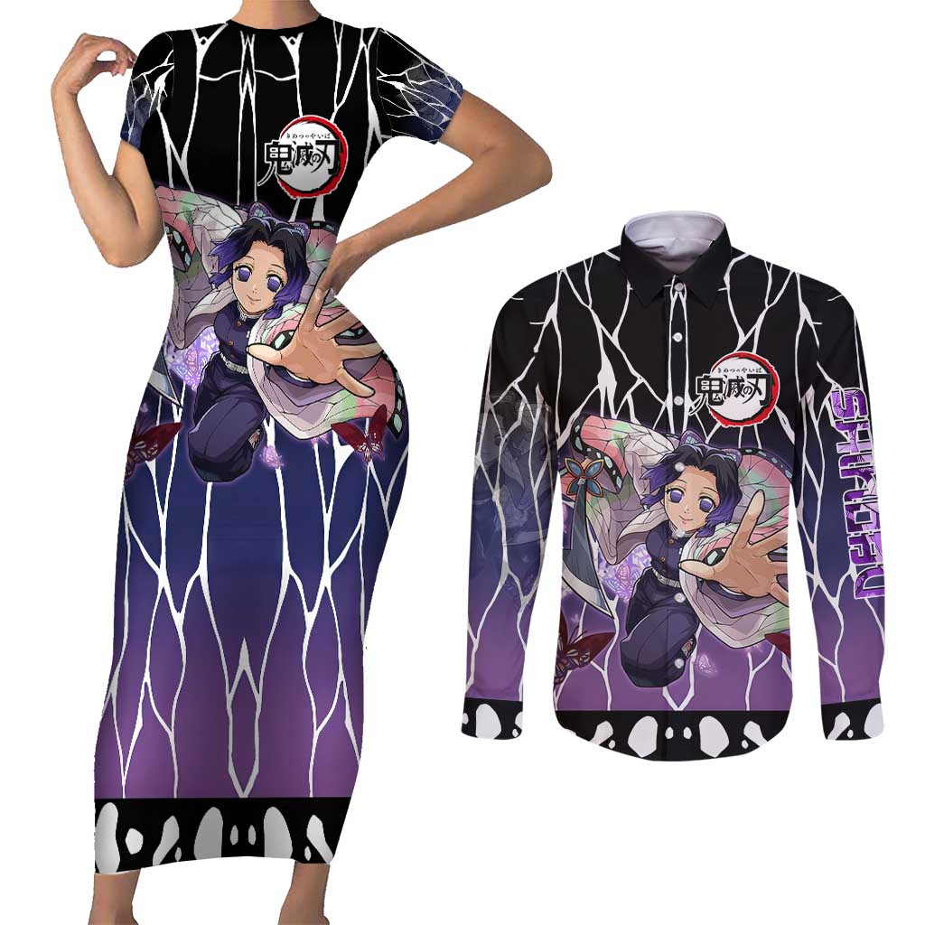 Shinobu Kocho Demon Slayer Couples Matching Short Sleeve Bodycon Dress and Long Sleeve Button Shirt with Purple and Black Web Style Design - The Mazicc
