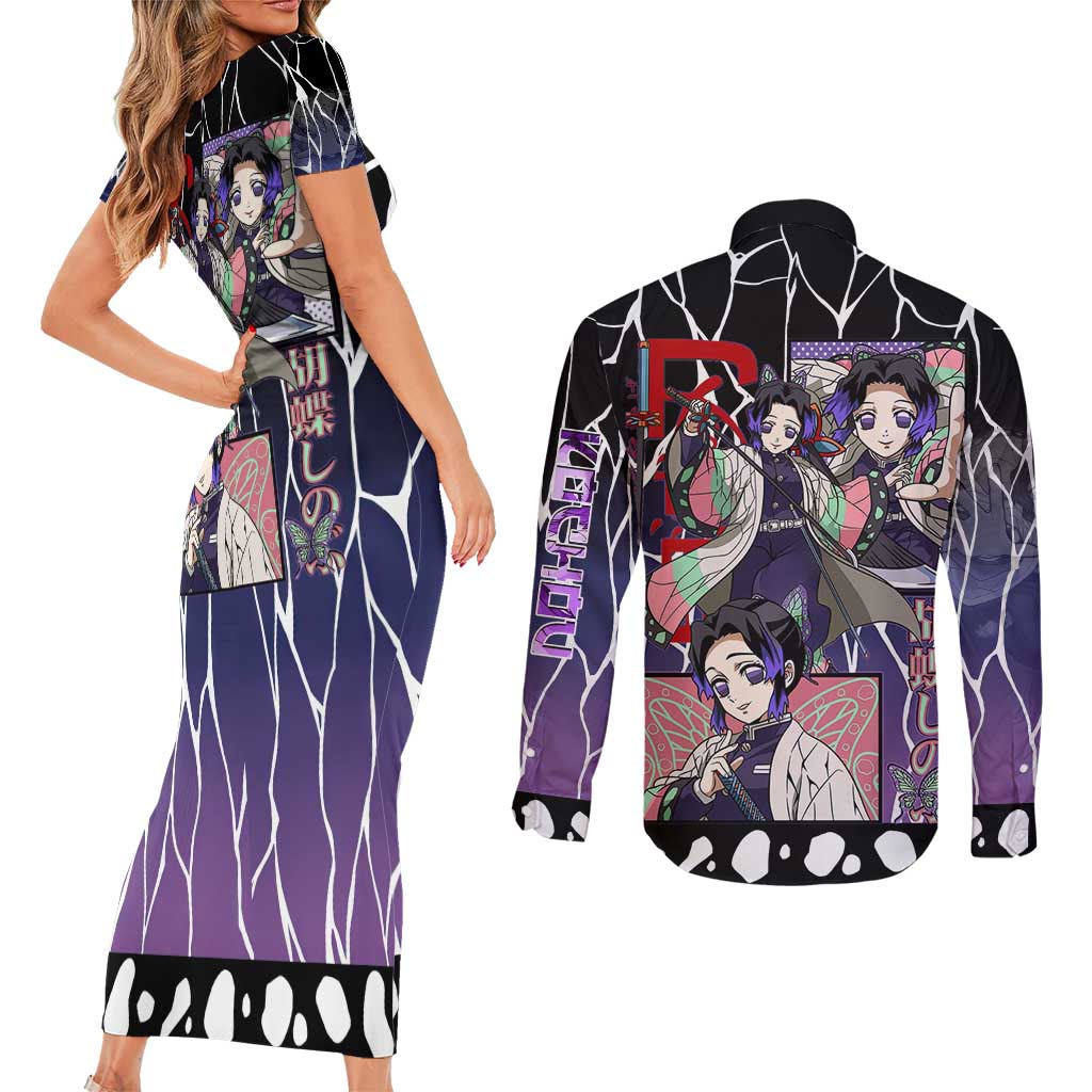 Shinobu Kocho Demon Slayer Couples Matching Short Sleeve Bodycon Dress and Long Sleeve Button Shirt with Purple and Black Web Style Design - The Mazicc