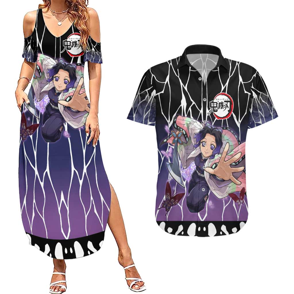 Shinobu Kocho Demon Slayer Couples Matching Summer Maxi Dress and Hawaiian Shirt with Purple and Black Web Style Design - The Mazicc