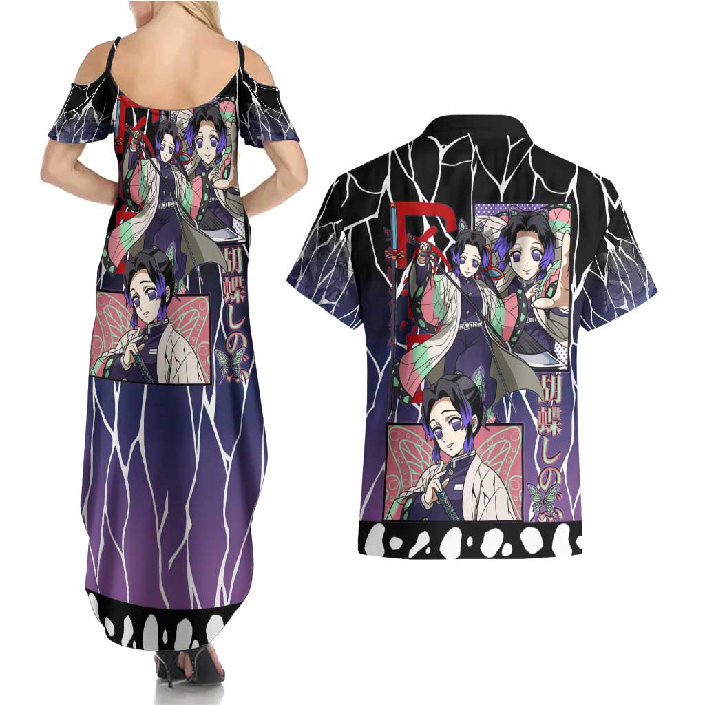 Shinobu Kocho Demon Slayer Couples Matching Summer Maxi Dress and Hawaiian Shirt with Purple and Black Web Style Design - The Mazicc
