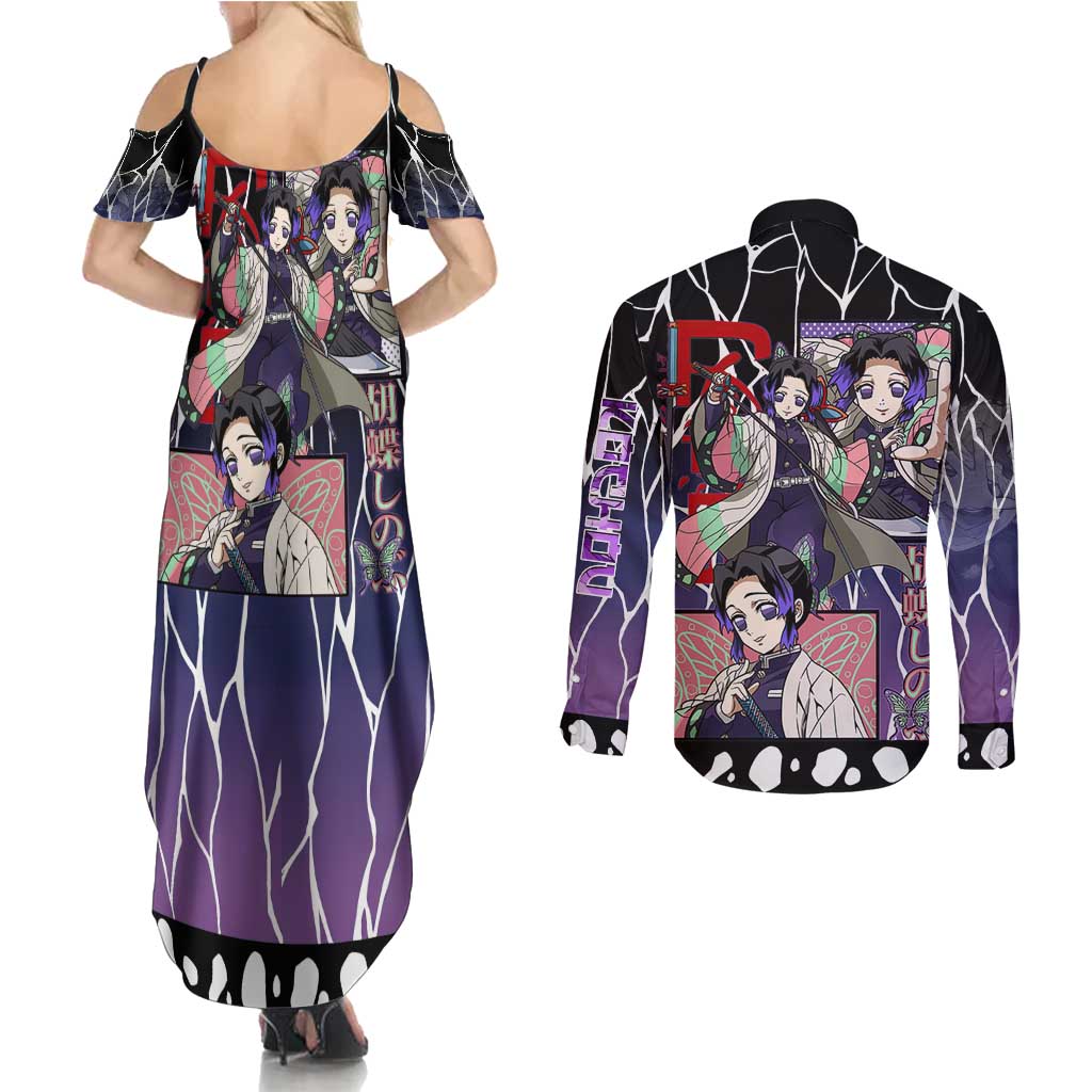 Shinobu Kocho Demon Slayer Couples Matching Summer Maxi Dress and Long Sleeve Button Shirt with Purple and Black Web Style Design - The Mazicc