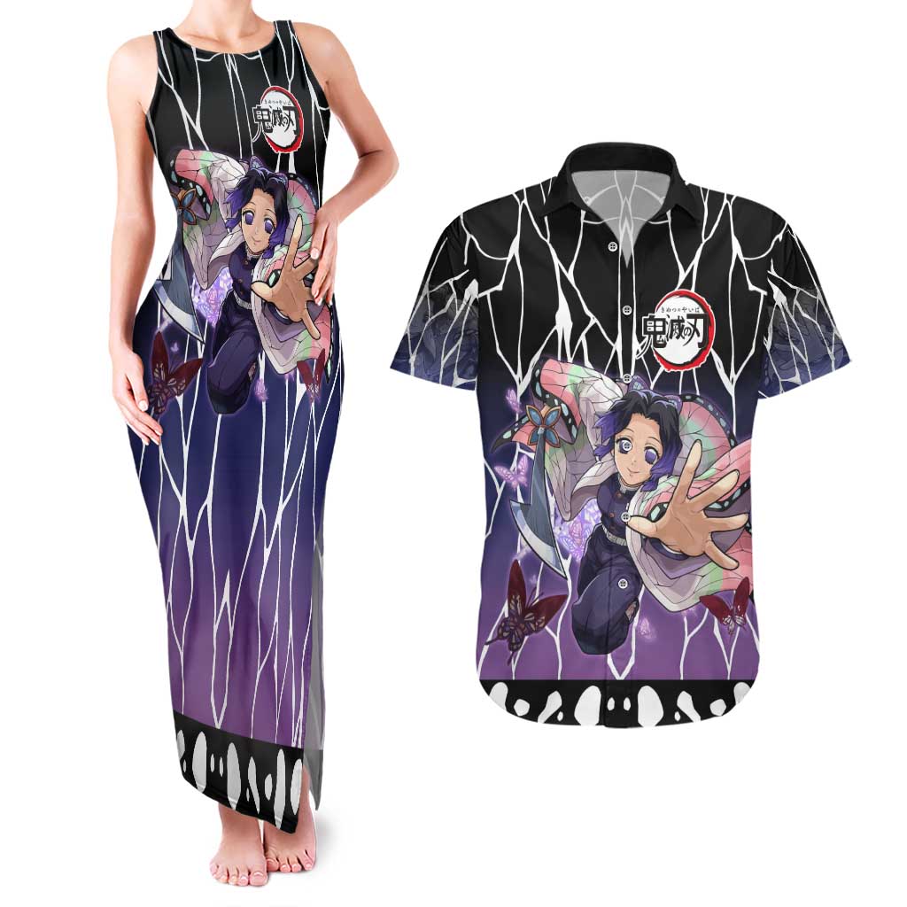 Shinobu Kocho Demon Slayer Couples Matching Tank Maxi Dress and Hawaiian Shirt with Purple and Black Web Style Design - The Mazicc
