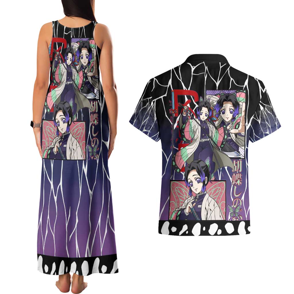 Shinobu Kocho Demon Slayer Couples Matching Tank Maxi Dress and Hawaiian Shirt with Purple and Black Web Style Design - The Mazicc