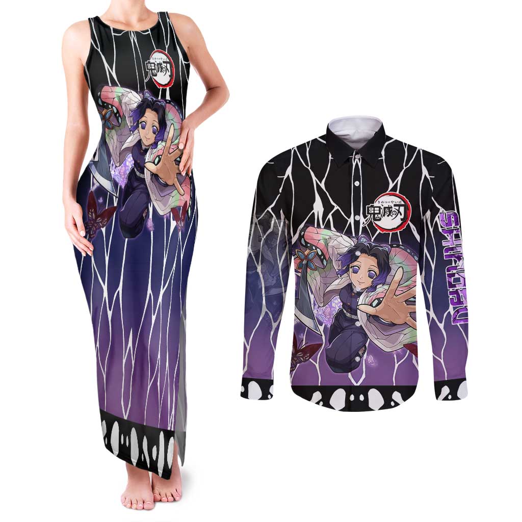 Shinobu Kocho Demon Slayer Couples Matching Tank Maxi Dress and Long Sleeve Button Shirt with Purple and Black Web Style Design - The Mazicc