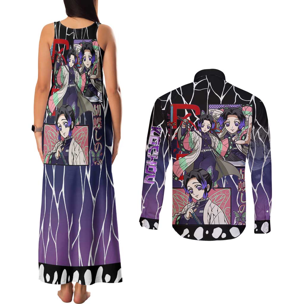 Shinobu Kocho Demon Slayer Couples Matching Tank Maxi Dress and Long Sleeve Button Shirt with Purple and Black Web Style Design - The Mazicc