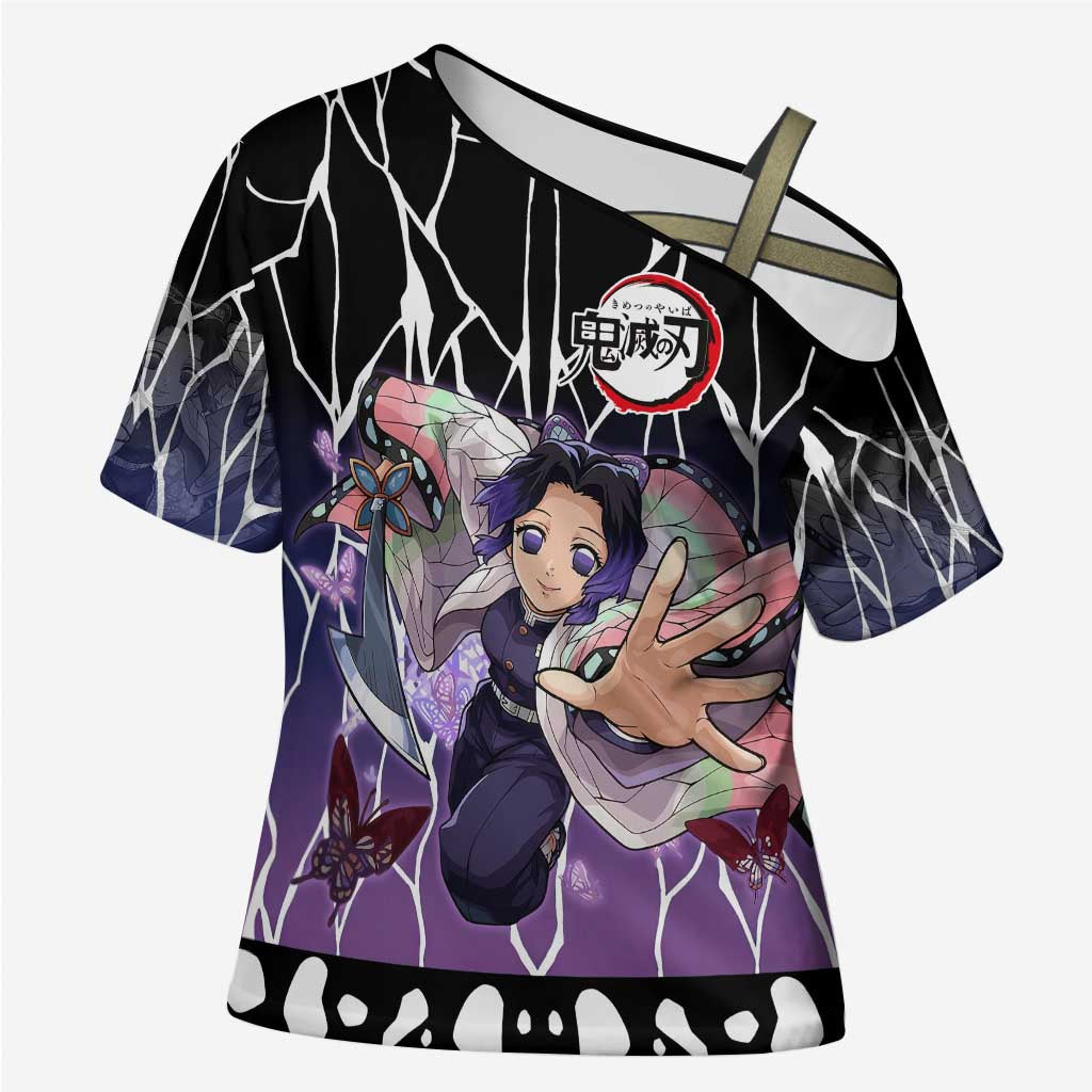 Shinobu Kocho Demon Slayer Cross Shoulder Shirt with Purple and Black Web Style Design - The Mazicc