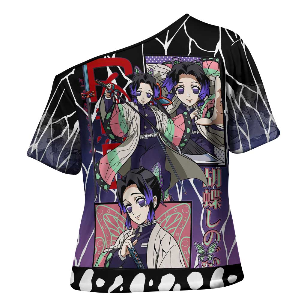 Shinobu Kocho Demon Slayer Cross Shoulder Shirt with Purple and Black Web Style Design - The Mazicc