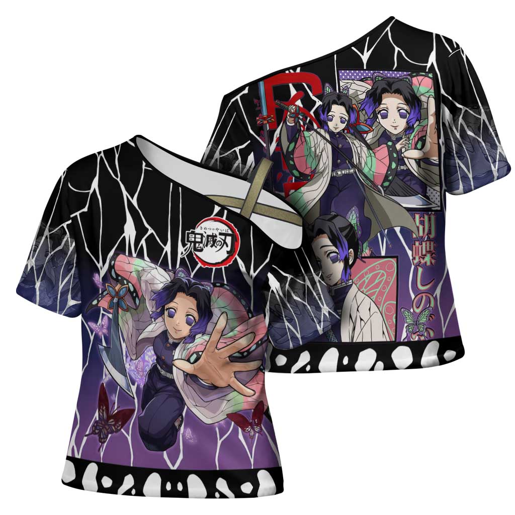 Shinobu Kocho Demon Slayer Cross Shoulder Shirt with Purple and Black Web Style Design - The Mazicc