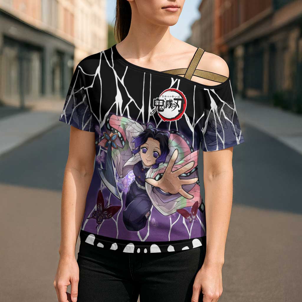 Shinobu Kocho Demon Slayer Cross Shoulder Shirt with Purple and Black Web Style Design - The Mazicc