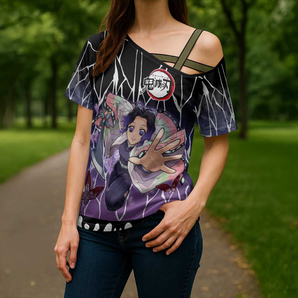 Shinobu Kocho Demon Slayer Cross Shoulder Shirt with Purple and Black Web Style Design - The Mazicc