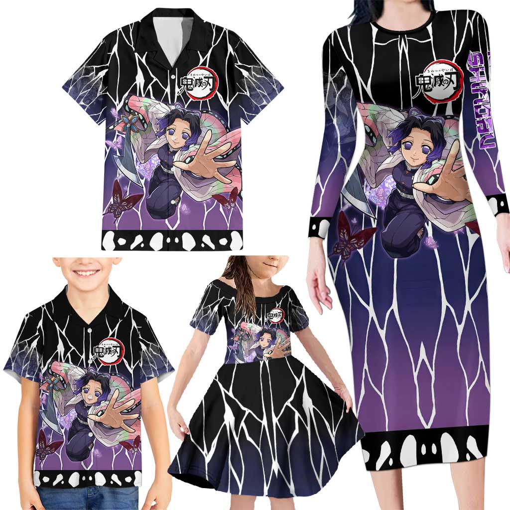 Shinobu Kocho Demon Slayer Family Matching Long Sleeve Bodycon Dress and Hawaiian Shirt with Purple and Black Web Style Design - The Mazicc