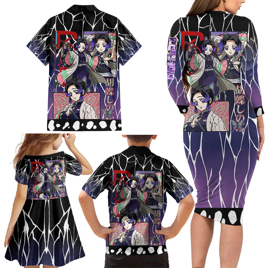 Shinobu Kocho Demon Slayer Family Matching Long Sleeve Bodycon Dress and Hawaiian Shirt with Purple and Black Web Style Design - The Mazicc