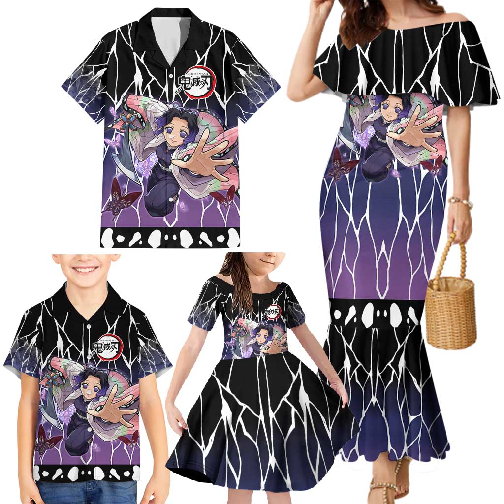 Shinobu Kocho Demon Slayer Family Matching Mermaid Dress and Hawaiian Shirt with Purple and Black Web Style Design - The Mazicc