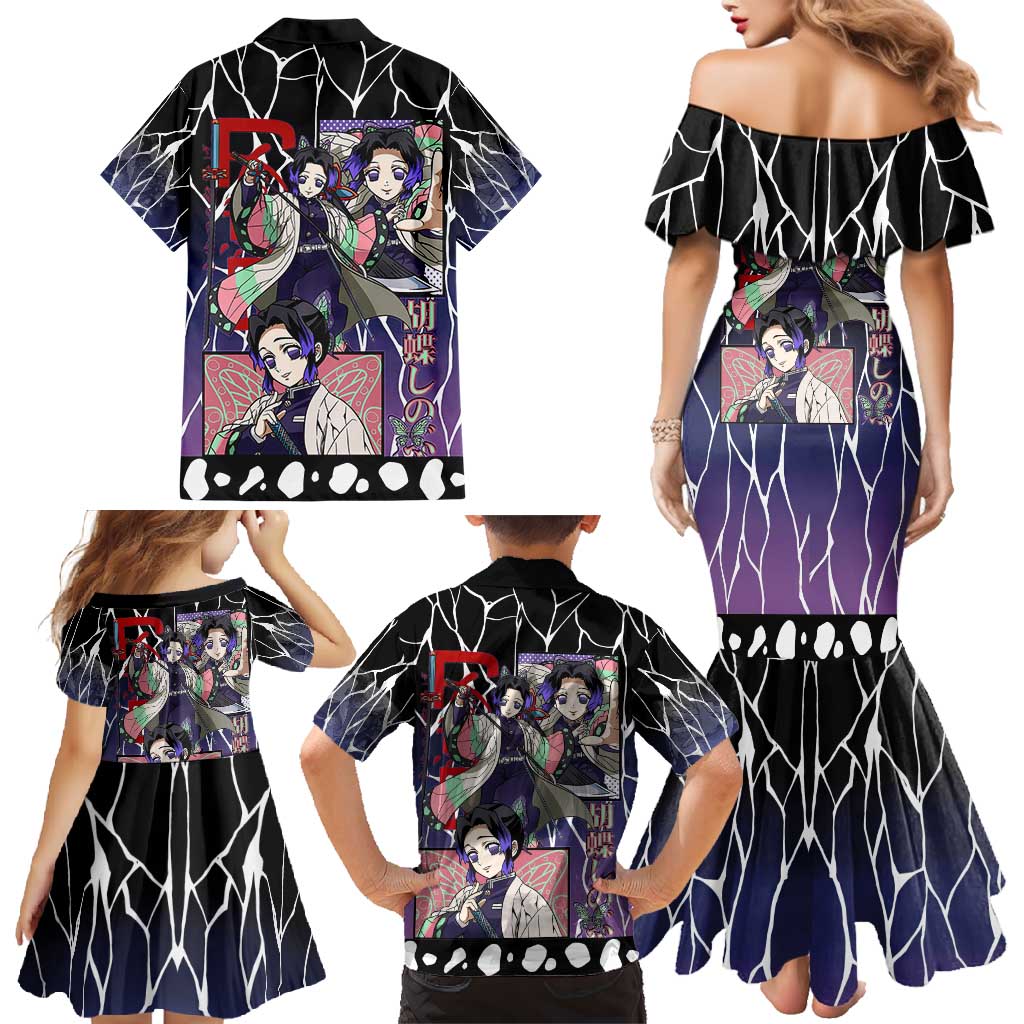 Shinobu Kocho Demon Slayer Family Matching Mermaid Dress and Hawaiian Shirt with Purple and Black Web Style Design - The Mazicc