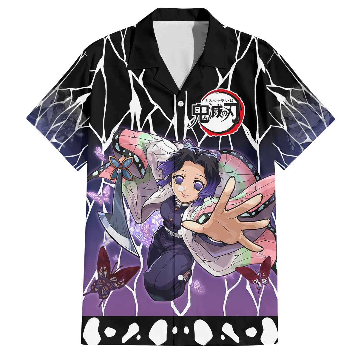 Shinobu Kocho Demon Slayer Family Matching Off The Shoulder Long Sleeve Dress and Hawaiian Shirt with Purple and Black Web Style Design - The Mazicc