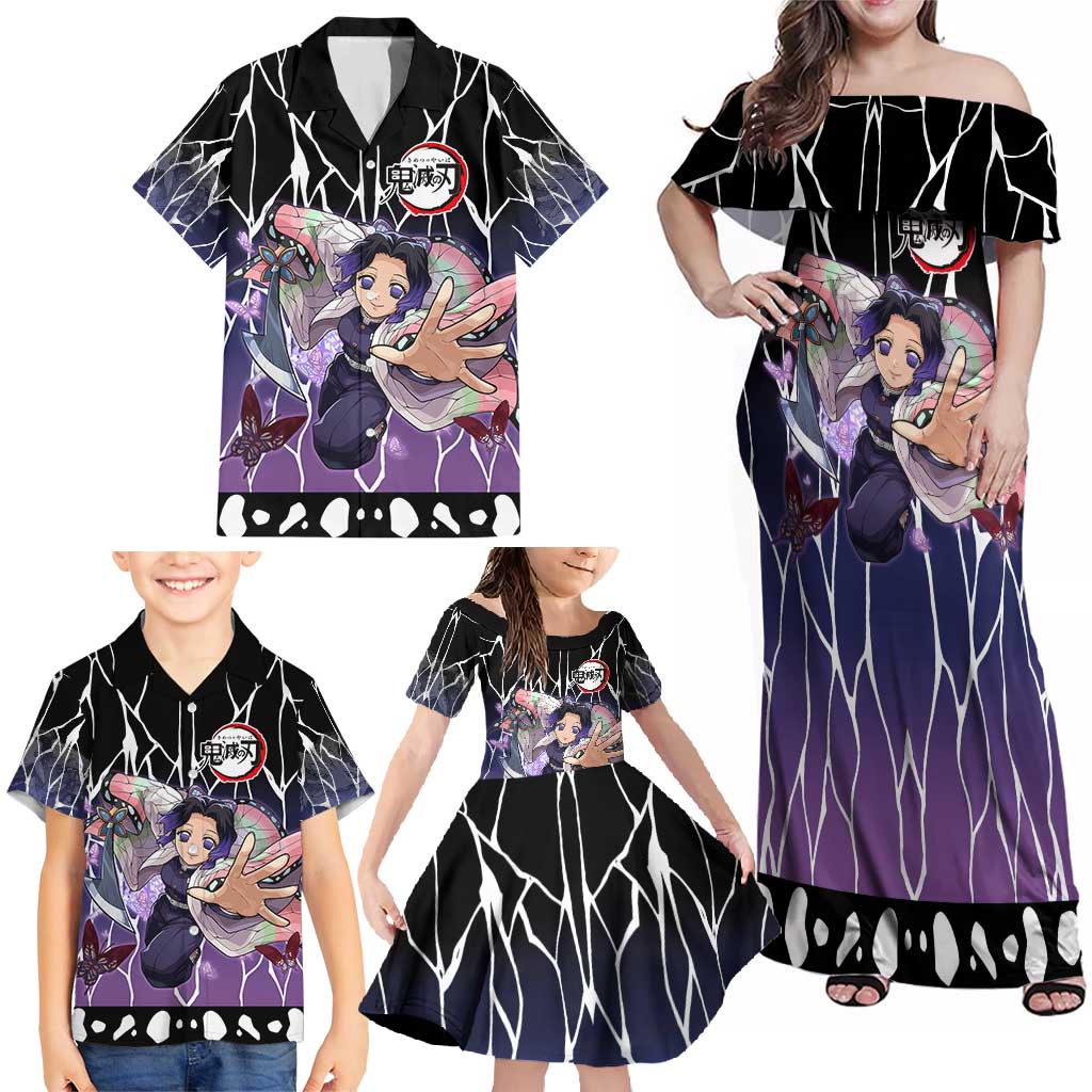 Shinobu Kocho Demon Slayer Family Matching Off Shoulder Maxi Dress and Hawaiian Shirt with Purple and Black Web Style Design - The Mazicc