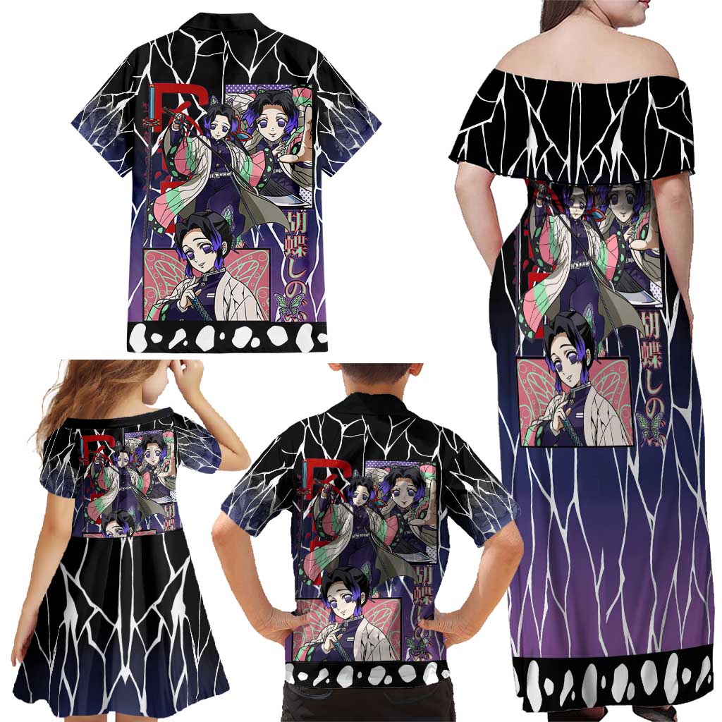 Shinobu Kocho Demon Slayer Family Matching Off Shoulder Maxi Dress and Hawaiian Shirt with Purple and Black Web Style Design - The Mazicc