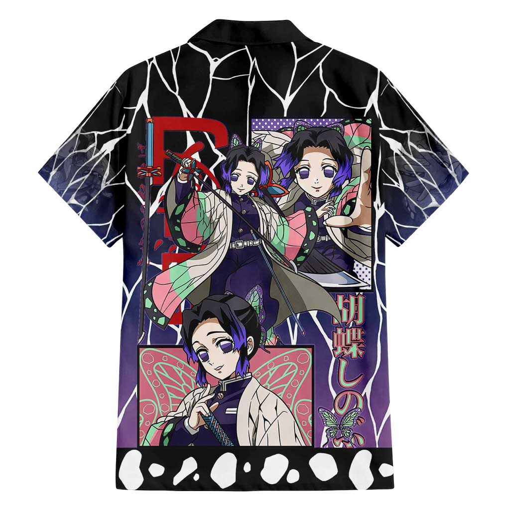 Shinobu Kocho Demon Slayer Family Matching Off Shoulder Maxi Dress and Hawaiian Shirt with Purple and Black Web Style Design - The Mazicc