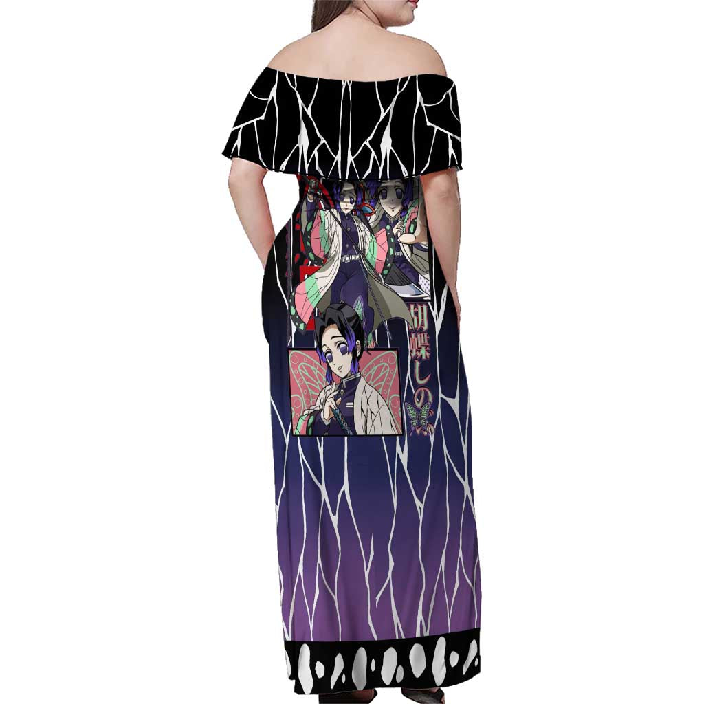 Shinobu Kocho Demon Slayer Family Matching Off Shoulder Maxi Dress and Hawaiian Shirt with Purple and Black Web Style Design - The Mazicc