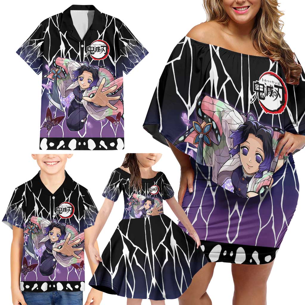 Shinobu Kocho Demon Slayer Family Matching Off Shoulder Short Dress and Hawaiian Shirt with Purple and Black Web Style Design - The Mazicc