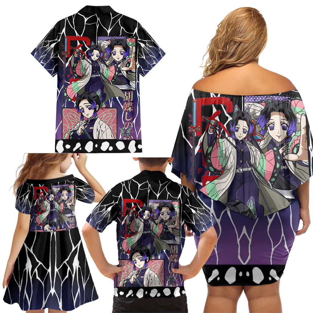 Shinobu Kocho Demon Slayer Family Matching Off Shoulder Short Dress and Hawaiian Shirt with Purple and Black Web Style Design - The Mazicc