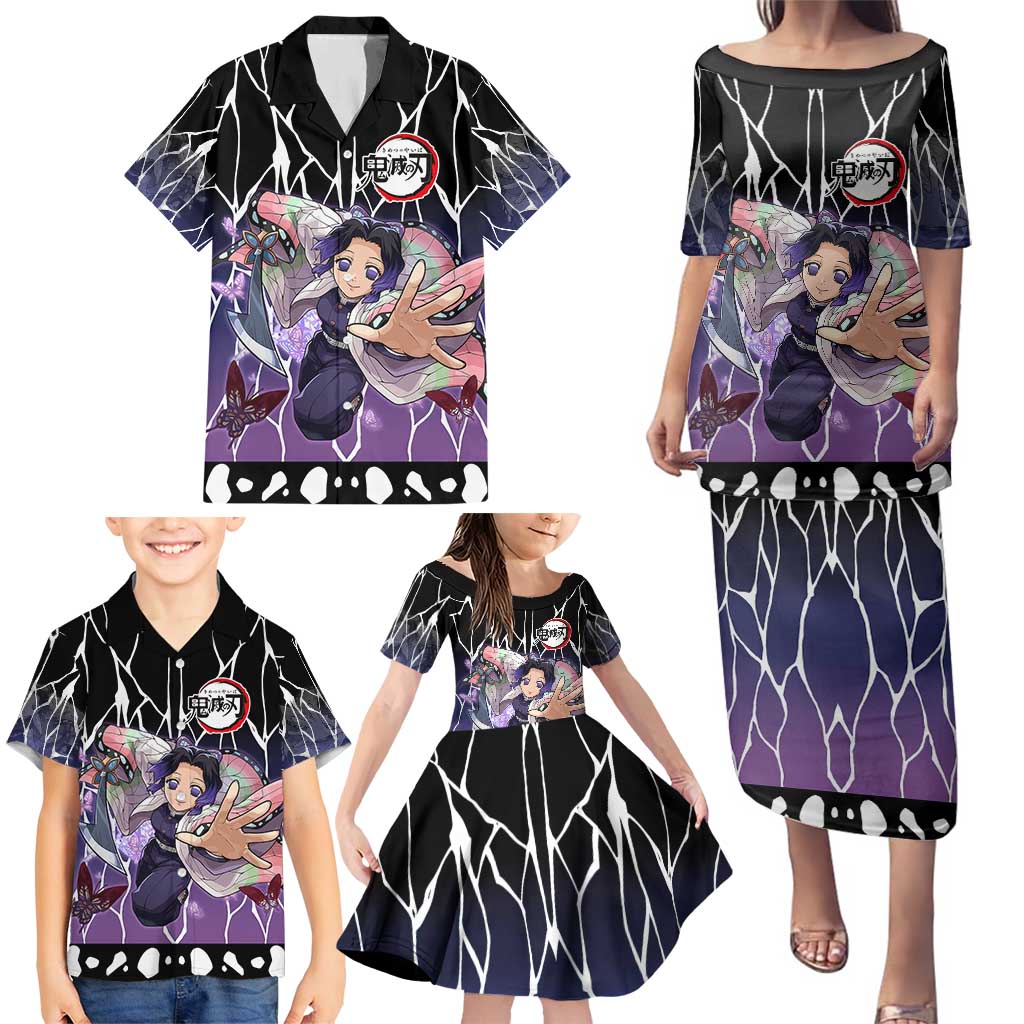 Shinobu Kocho Demon Slayer Family Matching Puletasi and Hawaiian Shirt with Purple and Black Web Style Design - The Mazicc
