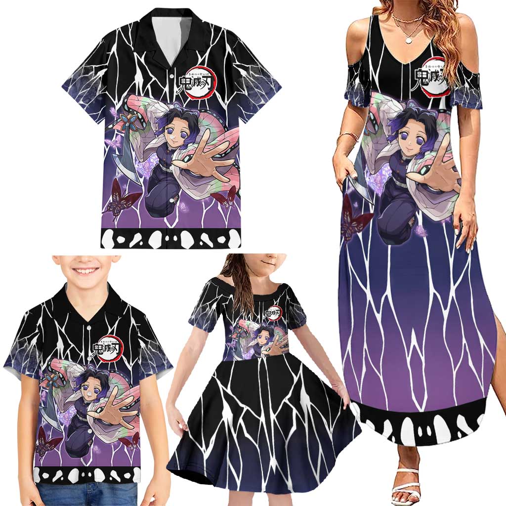 Shinobu Kocho Demon Slayer Family Matching Summer Maxi Dress and Hawaiian Shirt with Purple and Black Web Style Design - The Mazicc