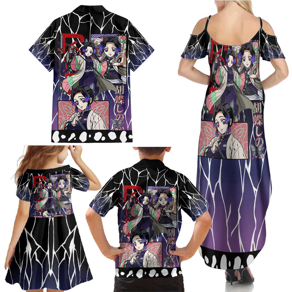 Shinobu Kocho Demon Slayer Family Matching Summer Maxi Dress and Hawaiian Shirt with Purple and Black Web Style Design - The Mazicc