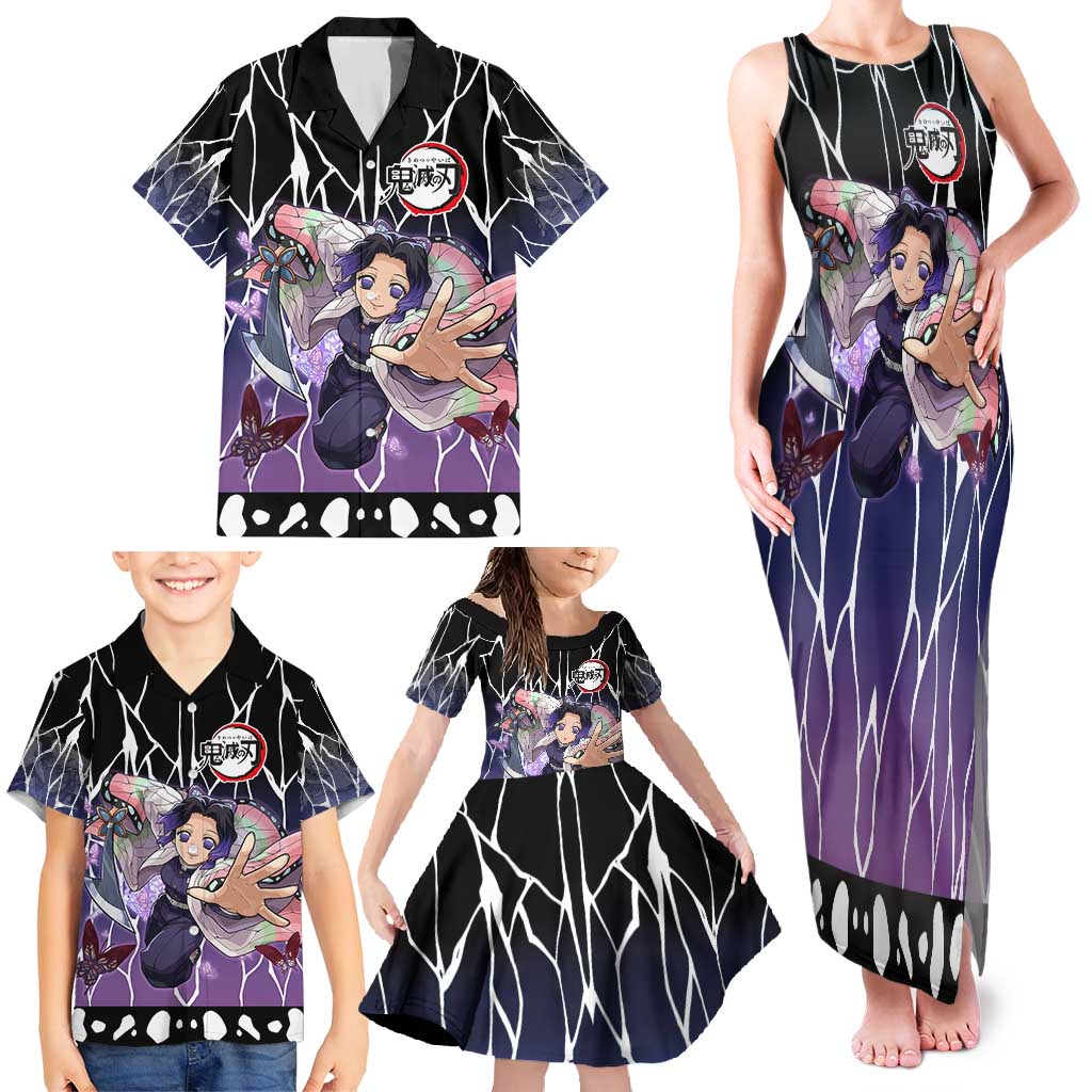 Shinobu Kocho Demon Slayer Family Matching Tank Maxi Dress and Hawaiian Shirt with Purple and Black Web Style Design - The Mazicc