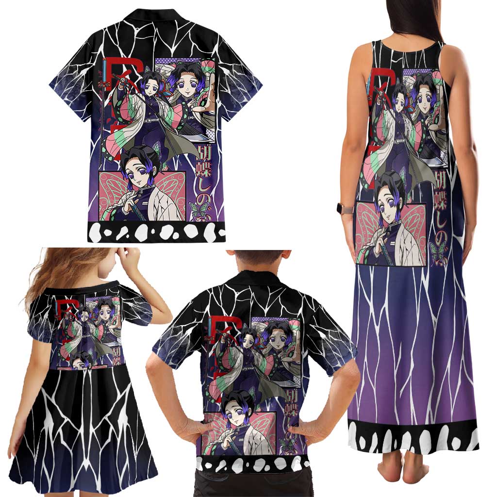 Shinobu Kocho Demon Slayer Family Matching Tank Maxi Dress and Hawaiian Shirt with Purple and Black Web Style Design - The Mazicc