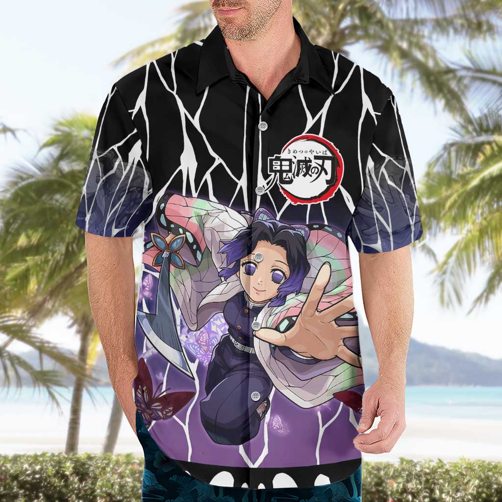 Shinobu Kocho Demon Slayer Hawaiian Shirt with Purple and Black Web Style Design - The Mazicc