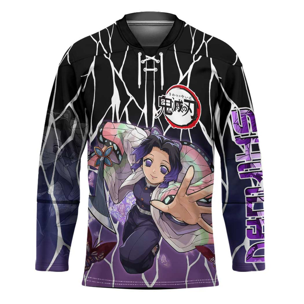 Shinobu Kocho Demon Slayer Hockey Jersey with Purple and Black Web Style Design - The Mazicc