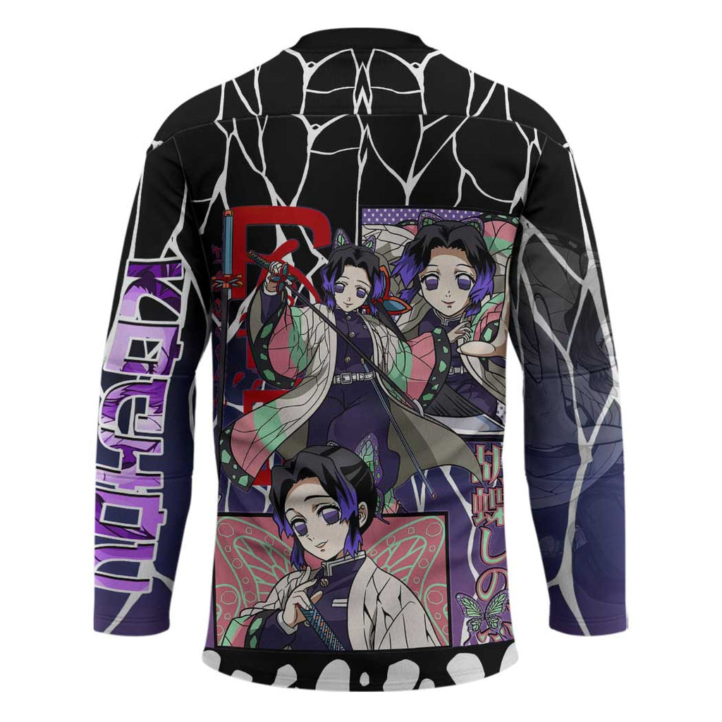 Shinobu Kocho Demon Slayer Hockey Jersey with Purple and Black Web Style Design - The Mazicc