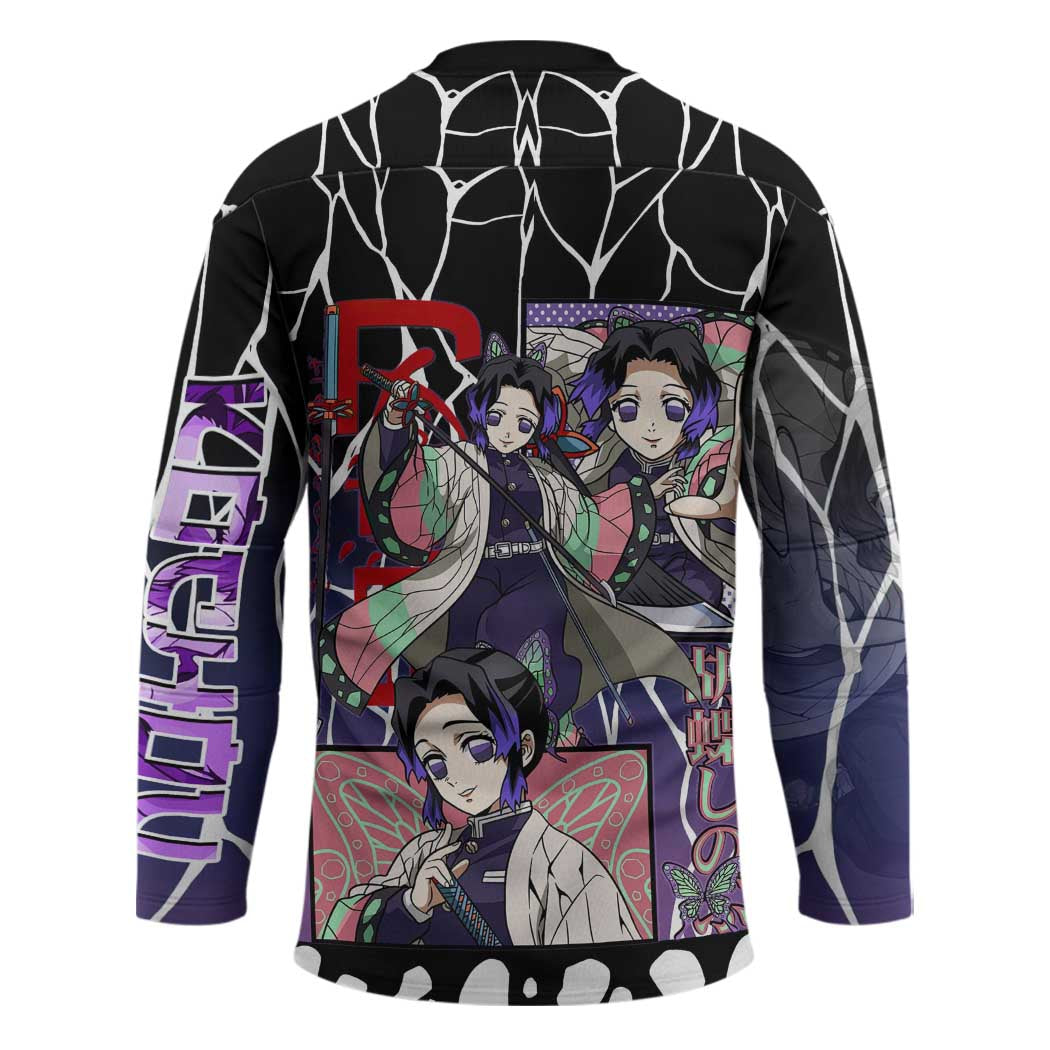 Shinobu Kocho Demon Slayer Hockey Jersey with Purple and Black Web Style Design - The Mazicc