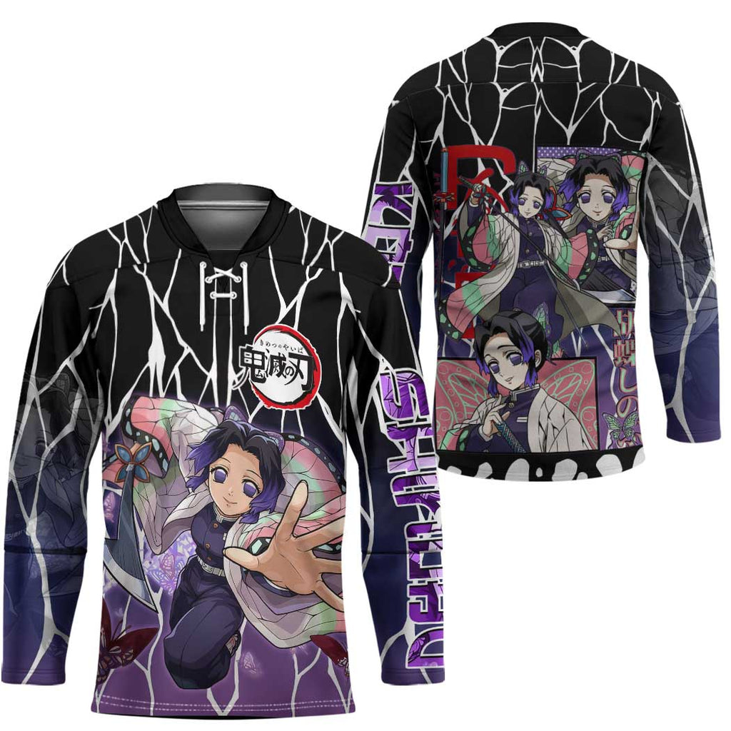 Shinobu Kocho Demon Slayer Hockey Jersey with Purple and Black Web Style Design - The Mazicc