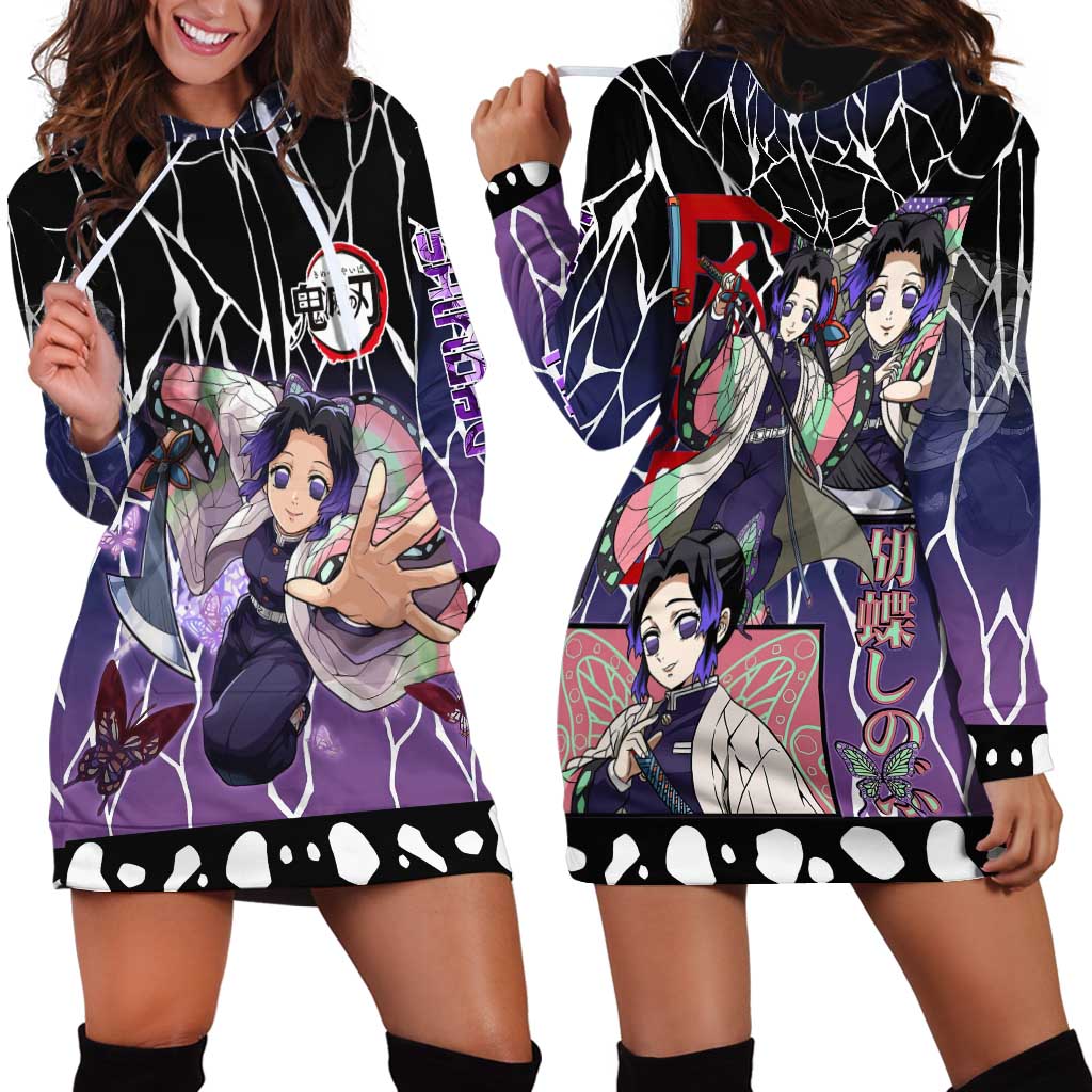 Shinobu Kocho Demon Slayer Hoodie Dress with Purple and Black Web Style Design - The Mazicc