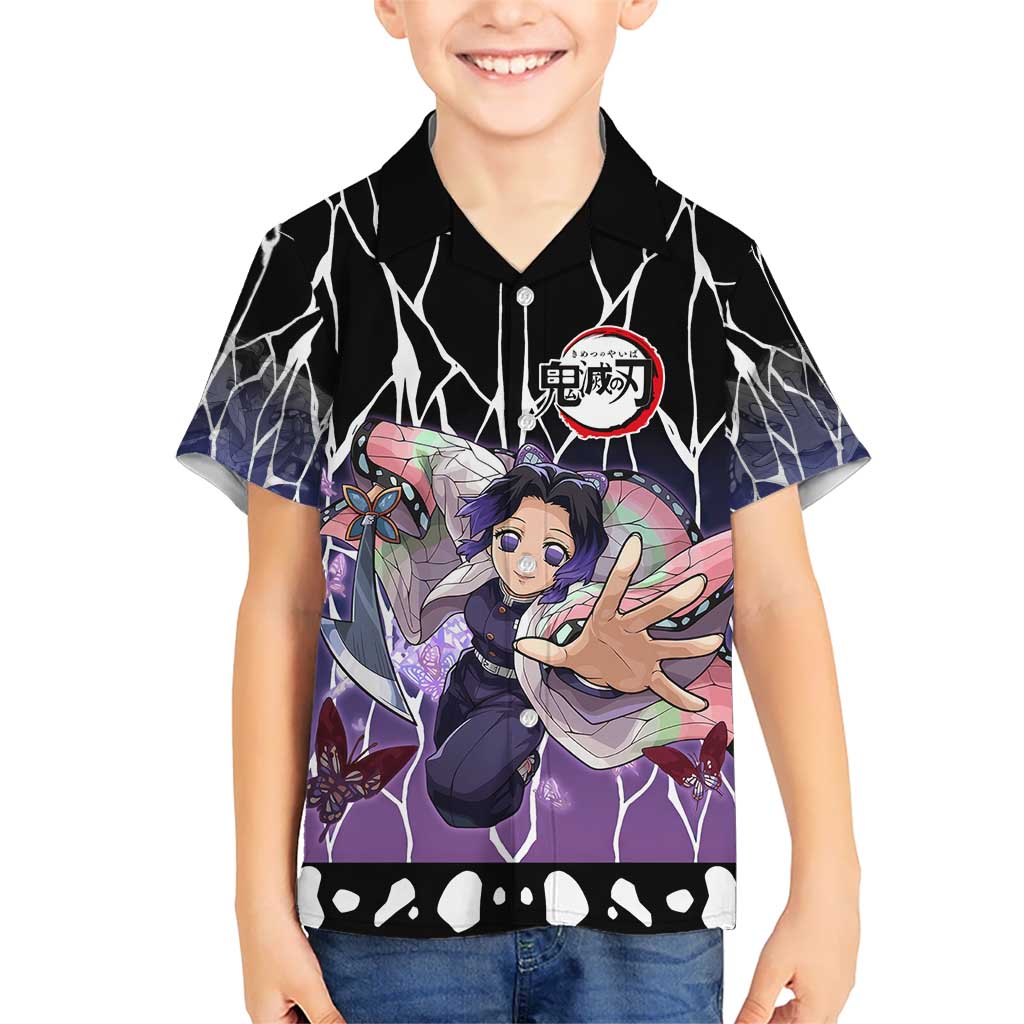 Shinobu Kocho Demon Slayer Kid Hawaiian Shirt with Purple and Black Web Style Design - The Mazicc