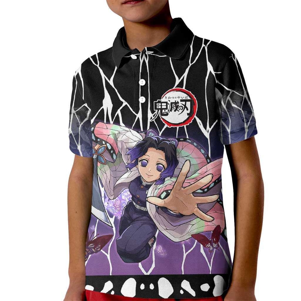 Shinobu Kocho Demon Slayer Kid Polo Shirt with Purple and Black Web Style Design - The Mazicc