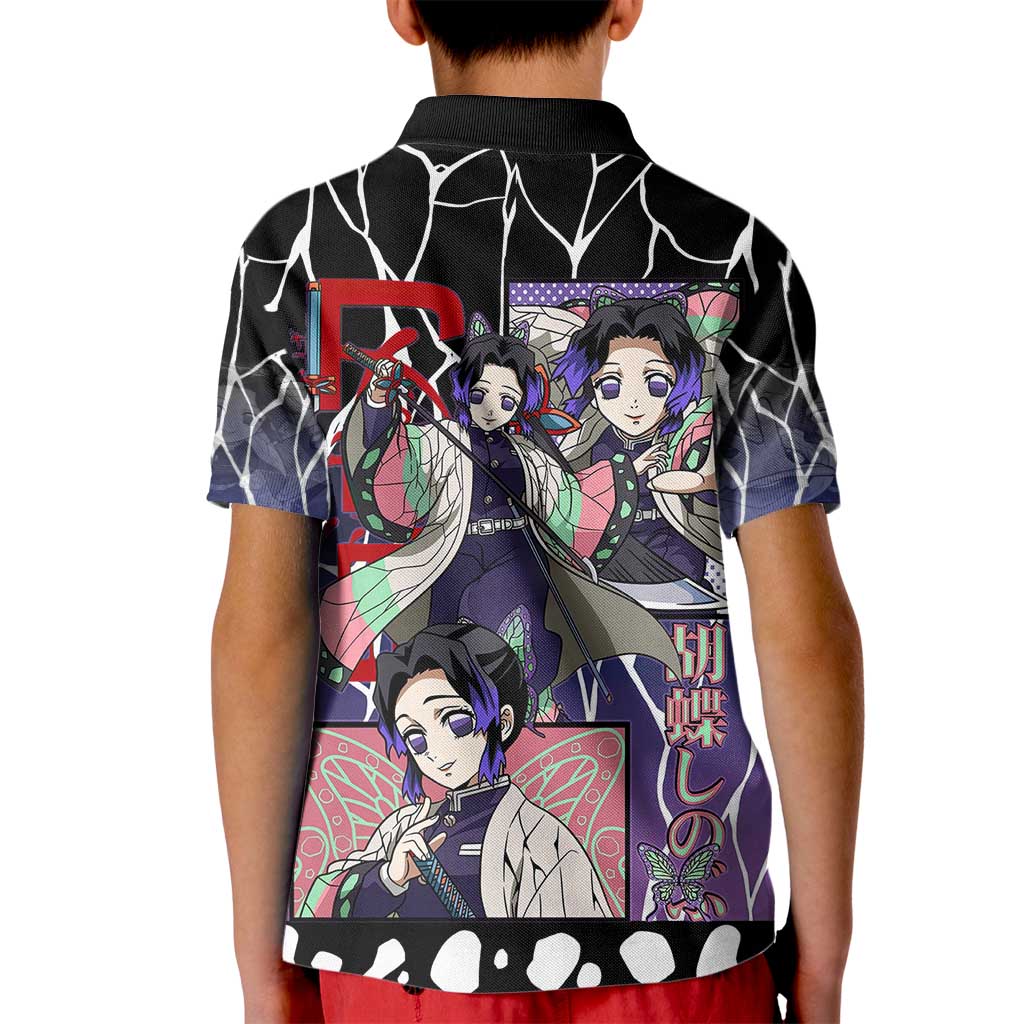 Shinobu Kocho Demon Slayer Kid Polo Shirt with Purple and Black Web Style Design - The Mazicc