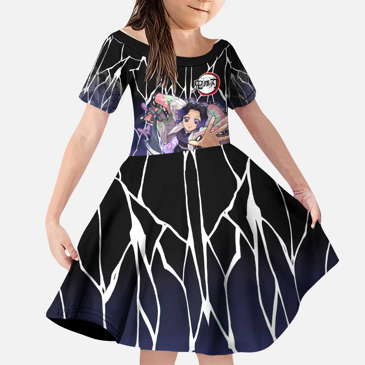 Shinobu Kocho Demon Slayer Kid Short Sleeve Dress with Purple and Black Web Style Design - The Mazicc
