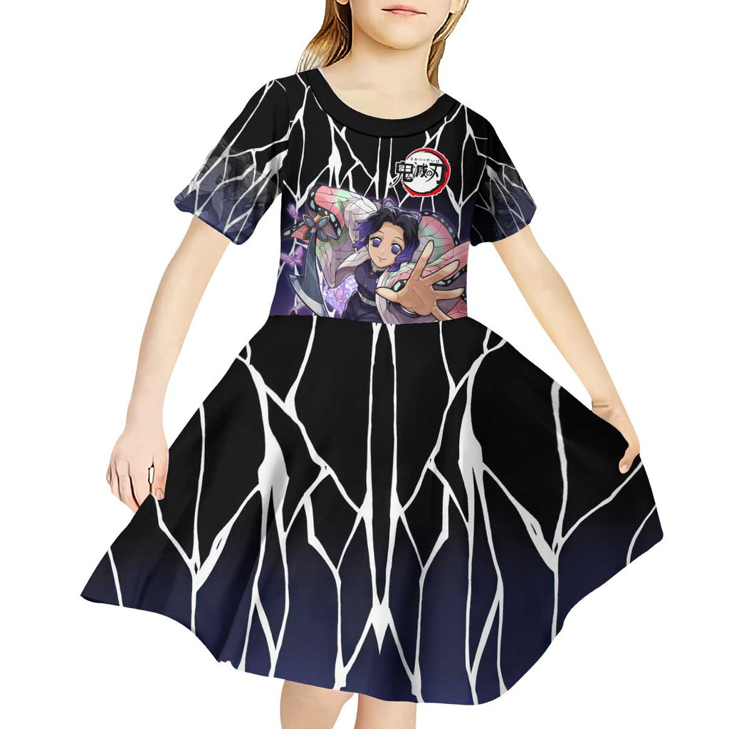 Shinobu Kocho Demon Slayer Kid Short Sleeve Dress with Purple and Black Web Style Design - The Mazicc