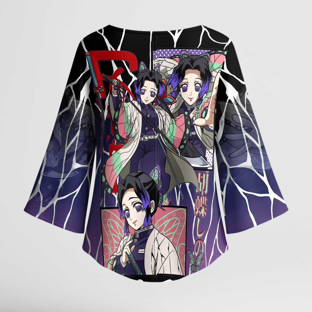 Shinobu Kocho Demon Slayer Kimono Sleeve Blouse with Purple and Black Web Style Design - The Mazicc