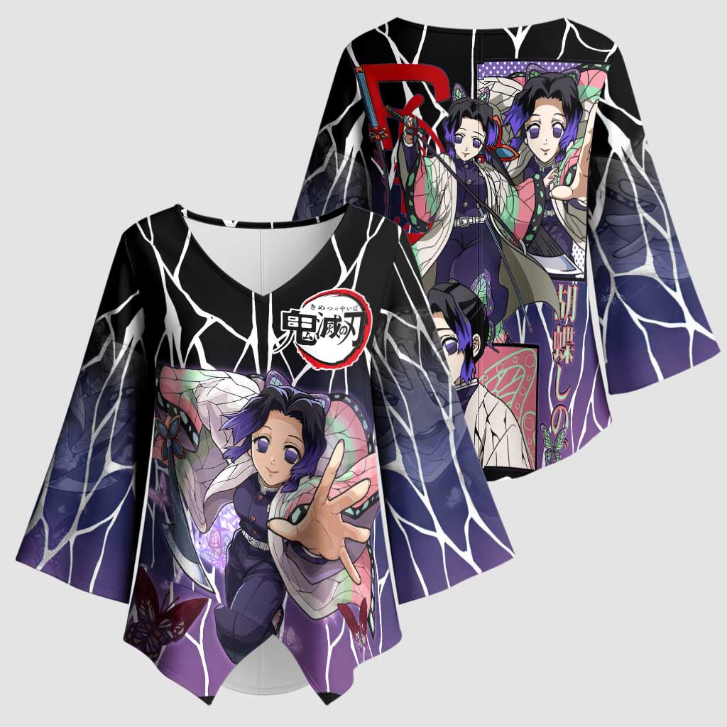 Shinobu Kocho Demon Slayer Kimono Sleeve Blouse with Purple and Black Web Style Design - The Mazicc